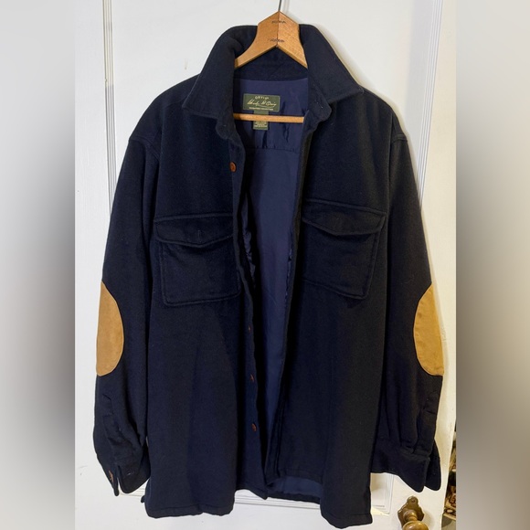 Orvis 100% Cashmere Navy Barn Jacket with Tan Elbow Patches